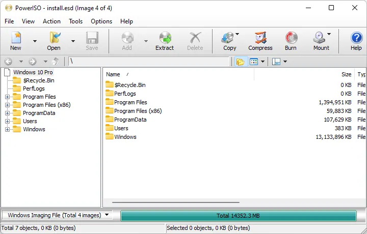 Inspect a Windows ESD File — example PowerISO interface screenshot