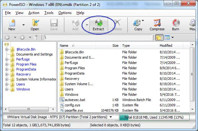 Inspect a VMware VMDK Disk Image — example PowerISO interface screenshot